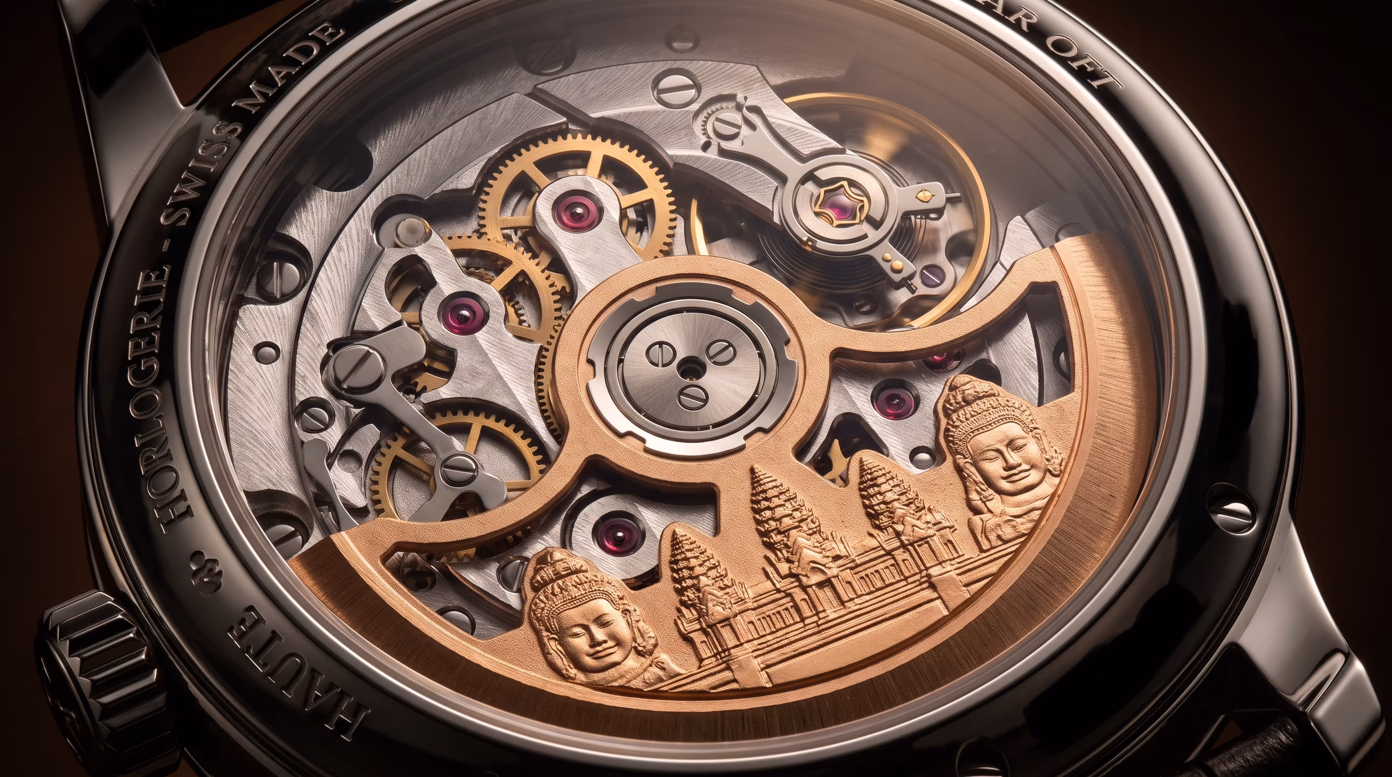 Serene stone faces of Bayon temple micro-sculpted in gold onto the skeletonized watch movement