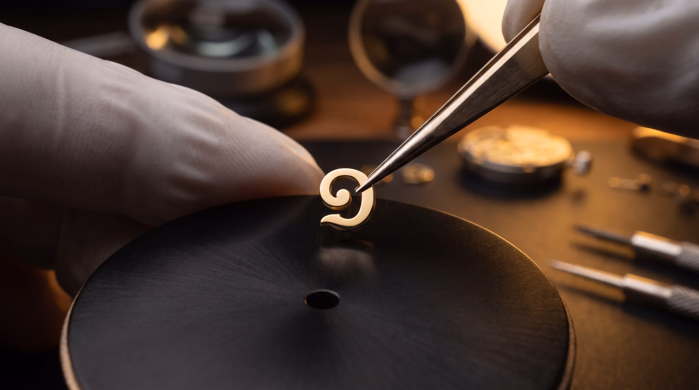 Close-up of watchmaker hand-placing Khmer numeral indices onto watch dial