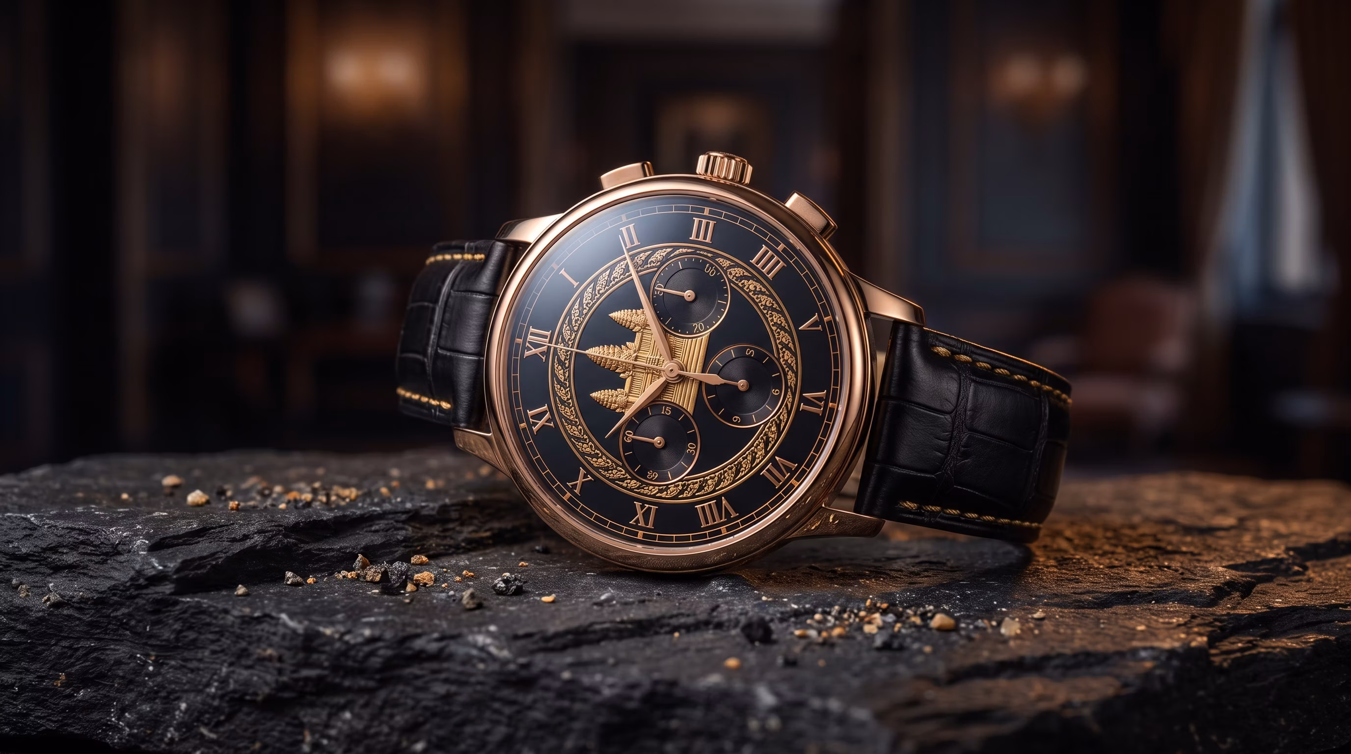 Completed luxury Angkor Wat Chrono watch dial showing gold temple relief and Khmer numerals