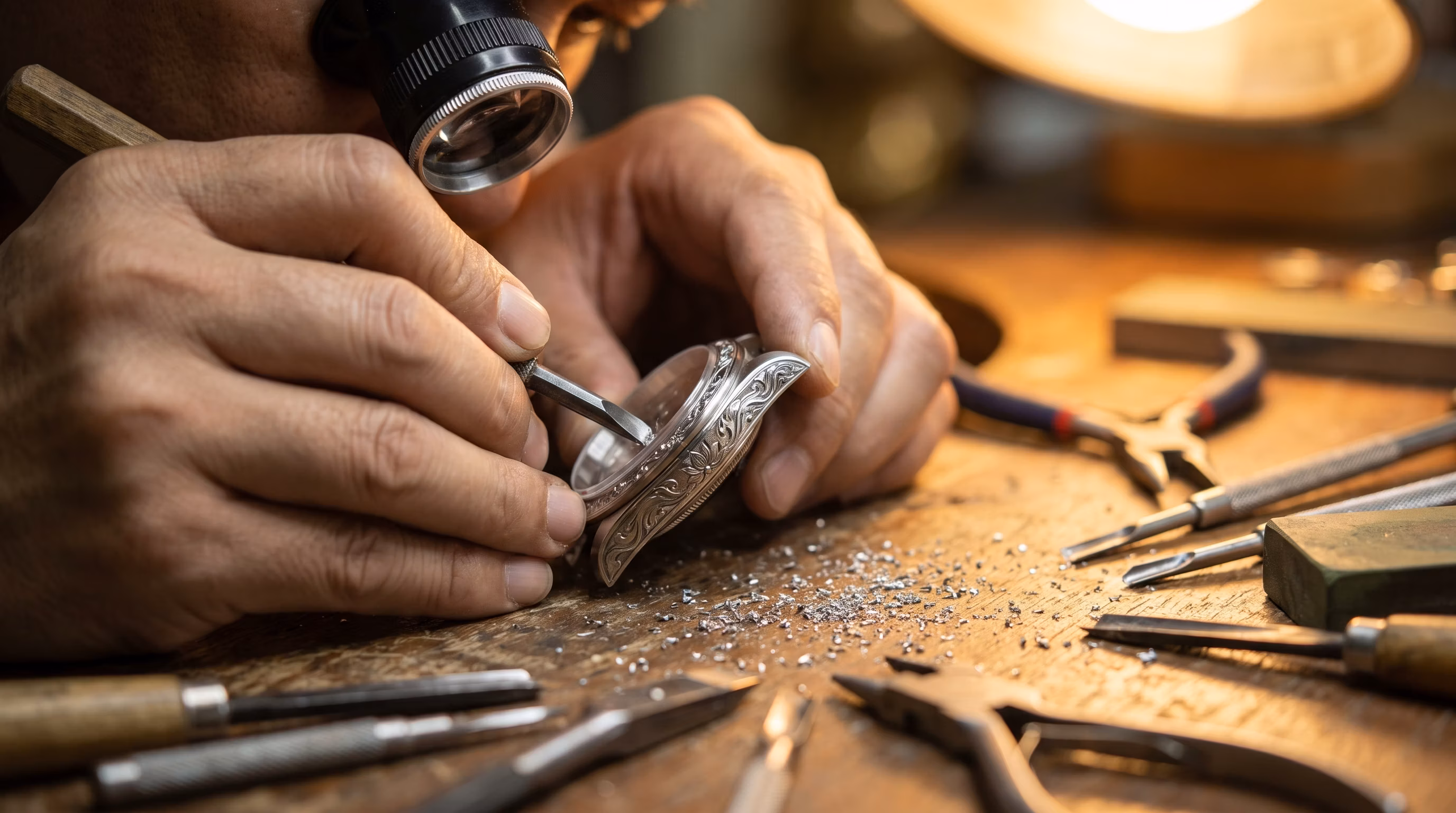 Master watchmaker hand carving Kbach ornaments into watch case sides