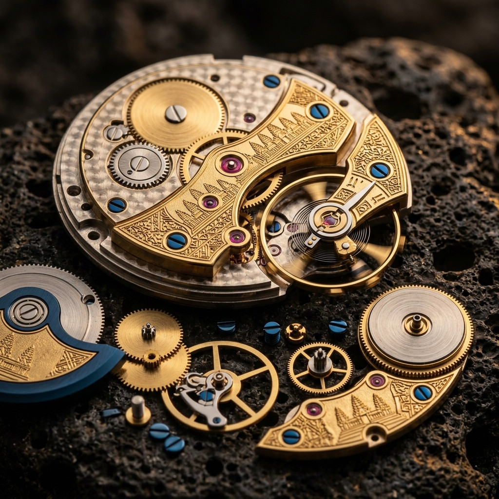 Macro view of disassembled high-complication mechanical movement with Angkorian bas-relief engravings on volcanic basalt stone