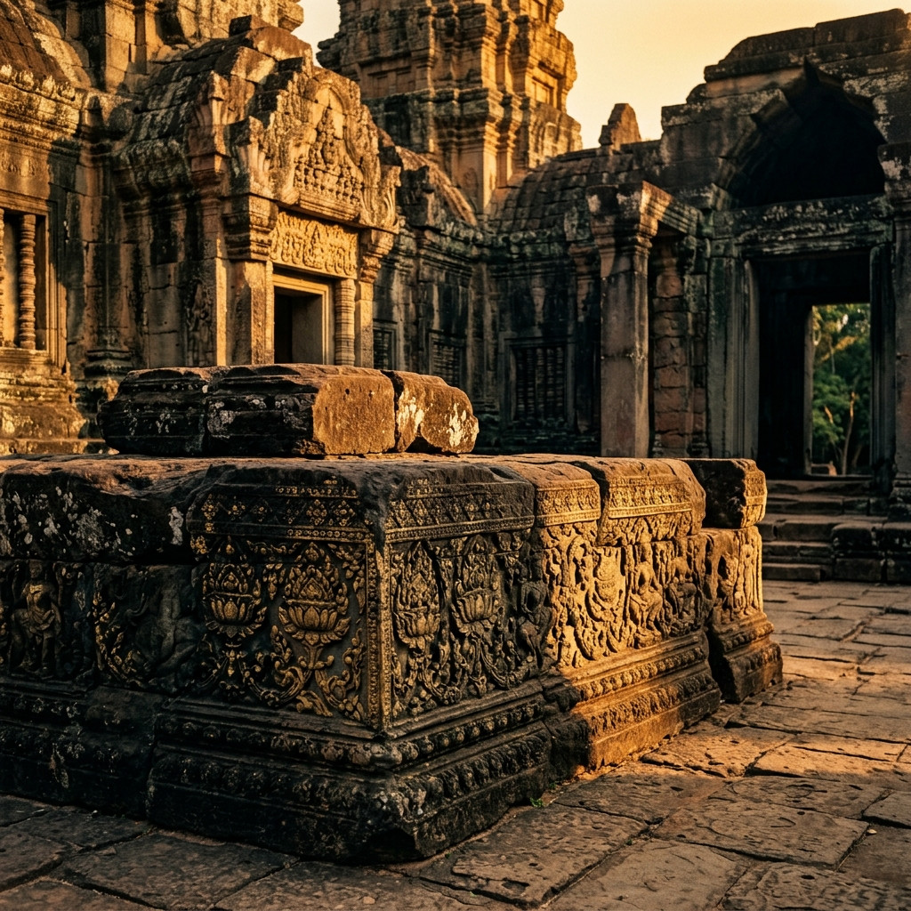 Monumental ancient Khmer carved stone altar symbolizing enduring heritage milestones across centuries