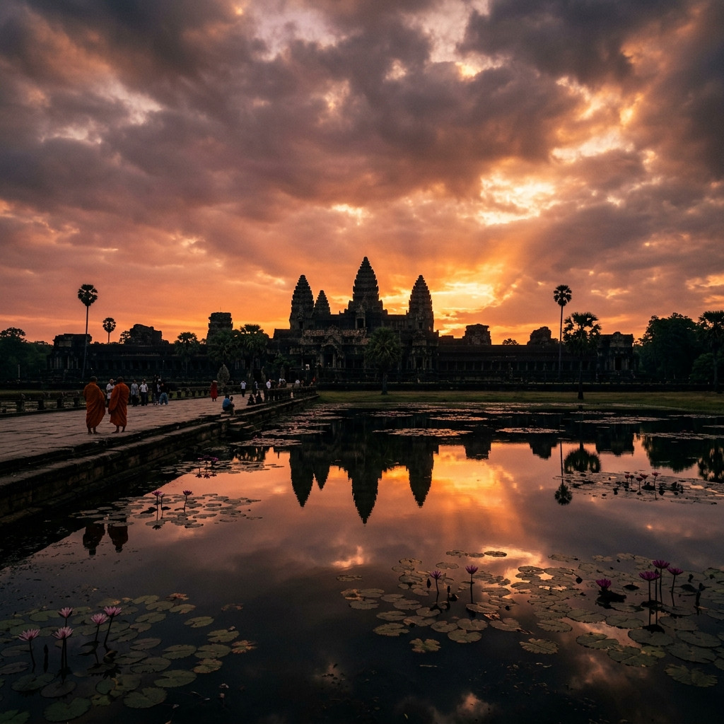 Angkor Wat sunrise silhouette reflecting in the sacred waters