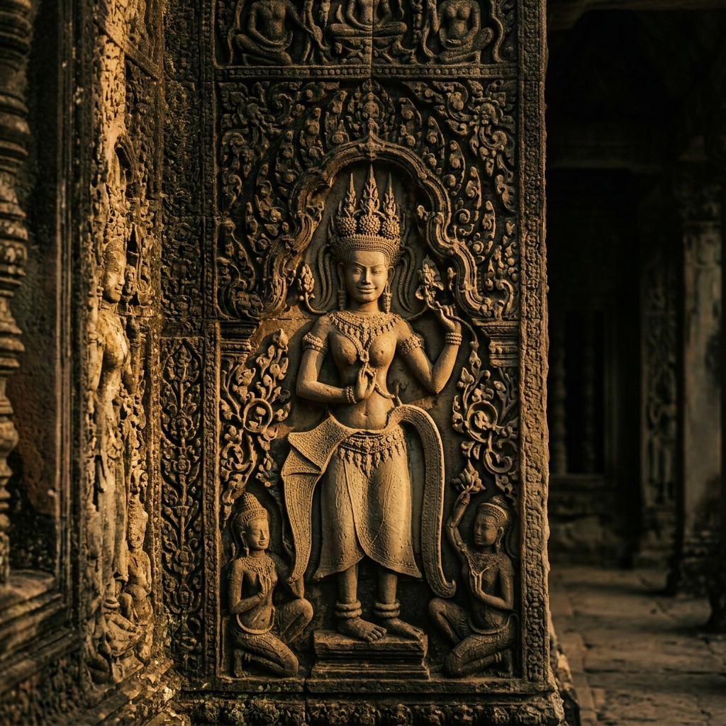 Intricate stone carvings of Apsaras on the walls of Angkor Wat temple