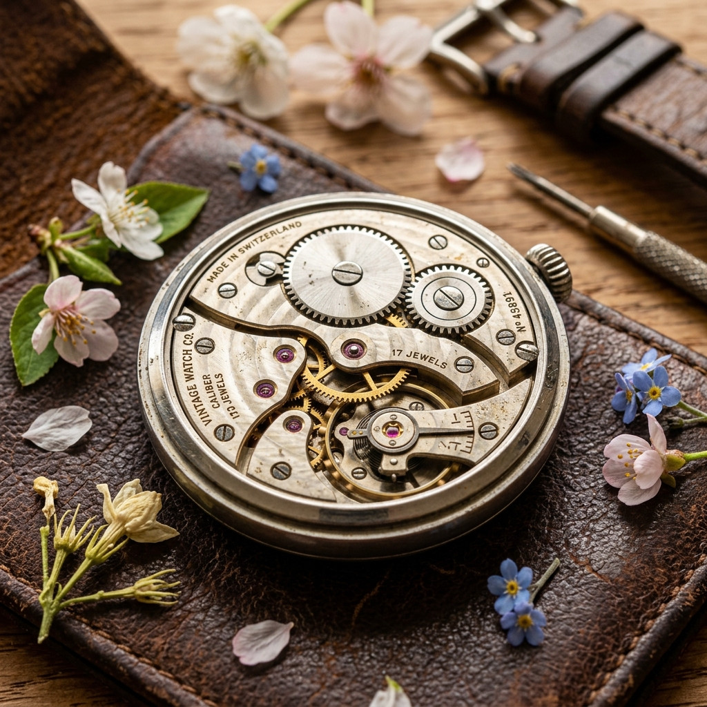 Intricate vintage watch mechanics resting on a beautiful wooden surface