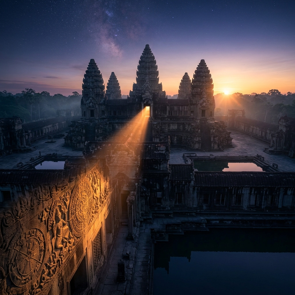 Cinematic celestial equinox alignment of ancient Khmer temple towers and astrological stone carvings