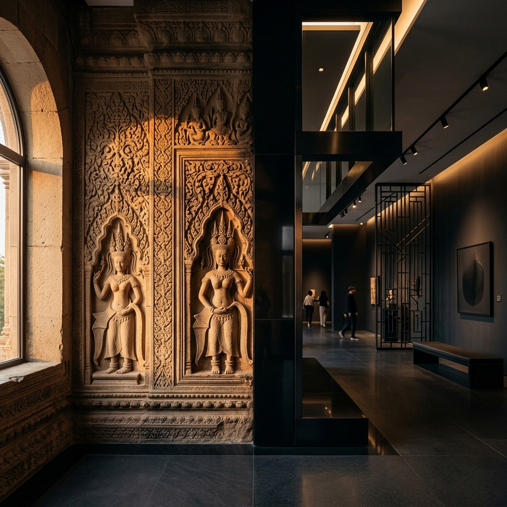 Architectural fusion of classical ancient Khmer temple carvings and sleek modern metropolitan minimalism